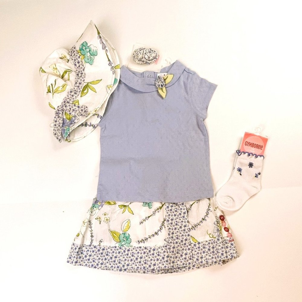 NWT Gymboree Girl Skirted Bloomer, Corsage Top, Floral Hat & Hair Clips 5 Pcs 3T